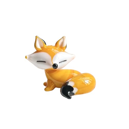 Handmade Glass Fox Figurine - Cute Sitting Fox Statue, Small Ceramic Fox Ornament for Desk Decor, Bookshelf, Office, Car, Gift for Fox Lovers (Orange) - color: Orange
