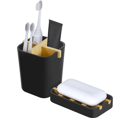 Toothbrush Holders and Soap Holder Set, Bathroom Accessories Countertop | 4 Slots Brush Holder, Plastic Soap Dish Tray, Bathroom Countertop Storage - color: Black