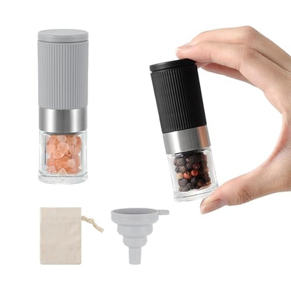 Mini Salt and Pepper Grinder Set, Small Tiny Adjustable Coarseness Ceramic Salt Grinder with Funnel and Bag Portable Handy Spice Pepper Mill Shaker For Outdoor Party Lunch Bag Kitchen - color: Gray