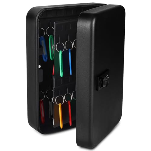 Flexzion Key Box Wall Mount with Code - Black Key Cabinet Lock Box Key Storage Box Wall Mount with Combination Lock, Secured Key Organizer Box with 48 Colored Key Holder for Homes, Office, Apartments | Key Box Organizer Includes 48 Labeled, Colored Key Ta
