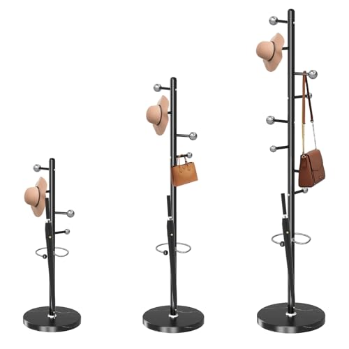 Coat Rack Stand, Black Metal Coat Rack Freestanding with 8 Hooks | Modern Coat Rack with Natural Marble Base,Modern Coat Hanger Stand, 3 Adjustable Coat Clothes Tree Stand for Office - color: Black-8 Ball Hooks