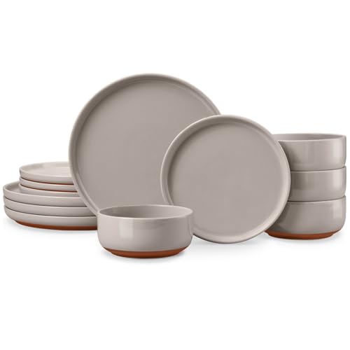 E-far 12-Piece Ceramic Dinnerware Sets, Plates and Bowls Sets for 4, Stoneware Dishware Dishes Set with Terracotta Base, Chip & Scratch Resistant, Microwave & Dishwasher Safe, Speckled Khaki - color: Warm Taupe, size: Service for 4