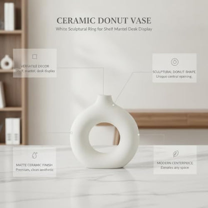Ceramic Donut Vase, White Sculptural Ring Centerpiece for Shelf Mantel Desk Display (1 PC) - size: 7.28 x 2.17 x 7.48 in