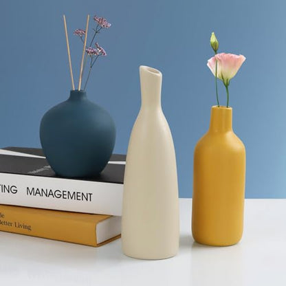JINGIHE Ceramic Vase Set of 3, Modern Flower Vases Farmhouse Home Decor | Small White Burnt Orange Blue Terracotta Pots, Coffee Bar Accessories for Living Room Bathroom Centerpieces Mantel
