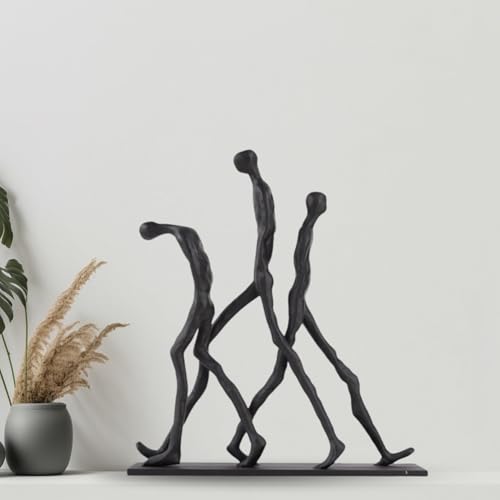 Abstract Three Figures Sculpture Cast Iron – Giacometti Style Walking Trio Statue, Modern Art Home Decor, Minimalist Human Figure Figurine for Living Room Office Shelf – Friendship Brotherhood Gift - style: Three walking man