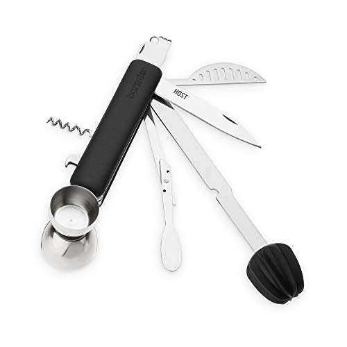HOST All in One Bartender Multitool Set, 10 in 1 Bar Tool with Strainer, Muddler, Reamer, Jigger, Stirrer, Zester, Corkscrew, Opener, Knife and Channel Knife for Camping, Travel and Outdoor Use - style: Bar10der 10 in 1 Tool