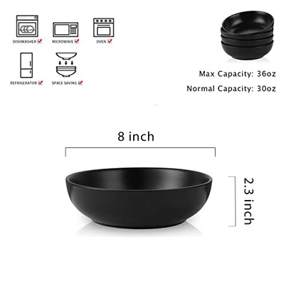 Selamica Ceramic Pasta Bowls Set of 4,Stackable Serving Bowl, Microwave Dishwasher Safe, Matte Black - color: Matte Black, size: 8 Inch