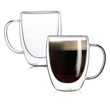Aurzen 2 Pack Double Walled Glass Coffee Mugs with Handles, Large Insulated Layer Coffee Cups, 12oz Clear Borosilicate Mugs, Perfect for Cappuccino, Tea, Microwave Safe - color: 12oz-2Pack