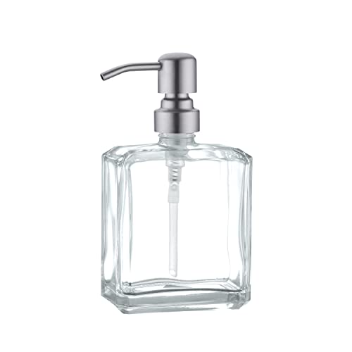 Clear Glass Soap Dispenser with Brushed Nickel Pump, 13.5 OZ Liquid Soap Dispenser Square with Stainless Steel Pump for Dish Hand Soap Bathroom Kitchen Vanity Countertop - color: Brushed Nickel, size: 13.5 oz