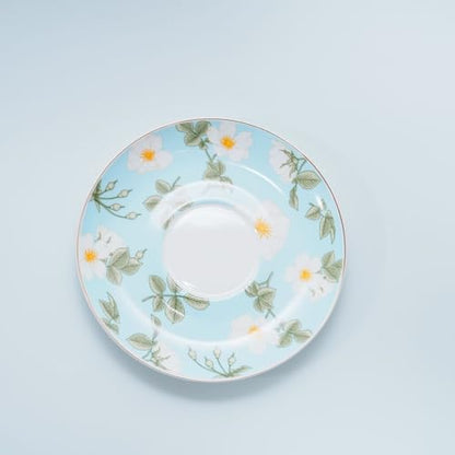 Bone China Tea Cup and Saucer Set with Spoon，Elegant Floral Tea Cup Set (7 oz)，British Coffee Latte Mug for Birthday Party Christmas gift for Friends - color: Camellia-blue