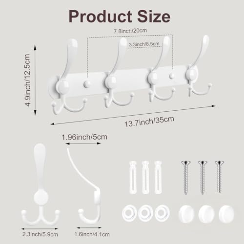 YUNISS Coat Rack Wall Mounted，4 Tri Stainless Steel Coat Hook for Coat Hat Robes Towel in Mudroom Entryway (White, 2 Pack 4) - color: White, size: 2 Pack 4