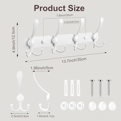 YUNISS Coat Rack Wall Mounted，4 Tri Stainless Steel Coat Hook for Coat Hat Robes Towel in Mudroom Entryway (White, 2 Pack 4) - color: White, size: 2 Pack 4