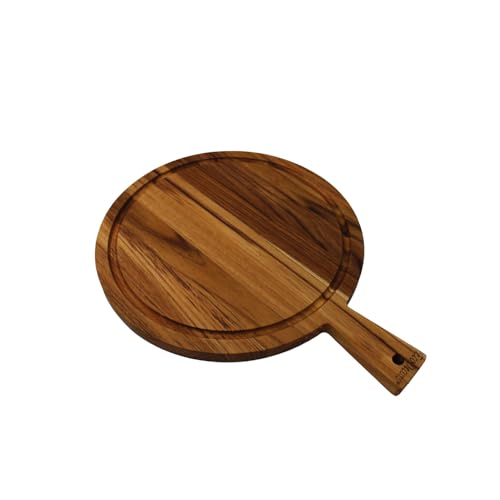 EcoDecors Round Teak Cutting Board 16" with Handle & Juice Groove | Round cutting board with juice groove catches meat and fruit juices, making it the perfect carving board for kitchens. - color: Round, size: 16"L x 12"W
