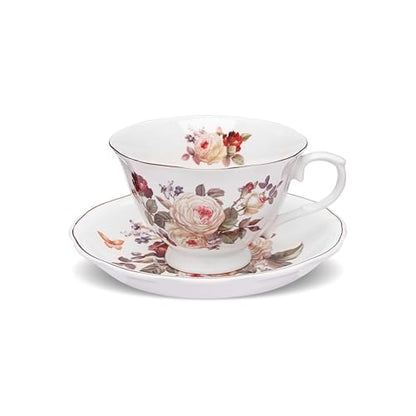 fanquare White Rose Tea Cup and Saucer with Gold Trim, Vintage Bone China Teacup Set with Spoon, 8 oz Coffee Cup for Home Party Gifting | Bone China Tea Cups and Saucers with Gold Trim, Coffee Cup for Home Party Gifting