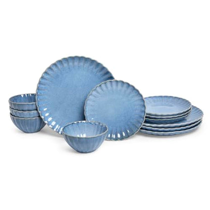 12 Pieces Stoneware Dinnerware Set, Microwave and Dishwasher Safe, for 4 | Scallop Frill Design, Chip Resistant, Ceramic, Includes Plates and Bowls - color: Blue, size: 12-Piece Set