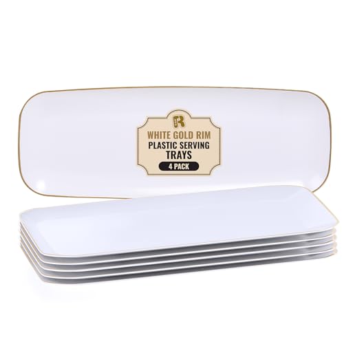 R-kay 4 Pack Plastic Serving Trays - White & Gold - 17 x 6.5 in - Heavy Duty Dessert Trays - Rectangular Party Platters - color: White And Gold, size: 17 Inch