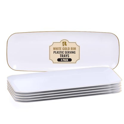 R-kay 4 Pack Plastic Serving Trays - White & Gold - 17 x 6.5 in - Heavy Duty Dessert Trays - Rectangular Party Platters - color: White And Gold, size: 17 Inch