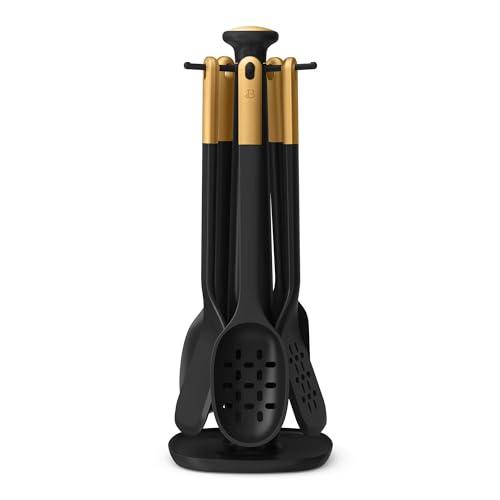 6 Piece Silicone Kitchen Utensil Set with Rotating Holder, Heat Resistant Cooking Tools, Nonstick Safe Spatula Spoon Turner Set with Storage Rack (Black Sesame) - color: Black Sesame
