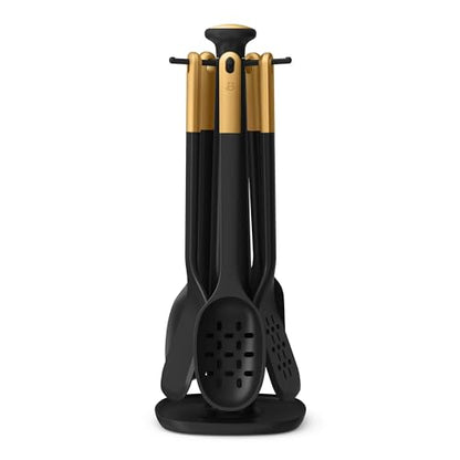 6 Piece Silicone Kitchen Utensil Set with Rotating Holder, Heat Resistant Cooking Tools, Nonstick Safe Spatula Spoon Turner Set with Storage Rack (Black Sesame) - color: Black Sesame
