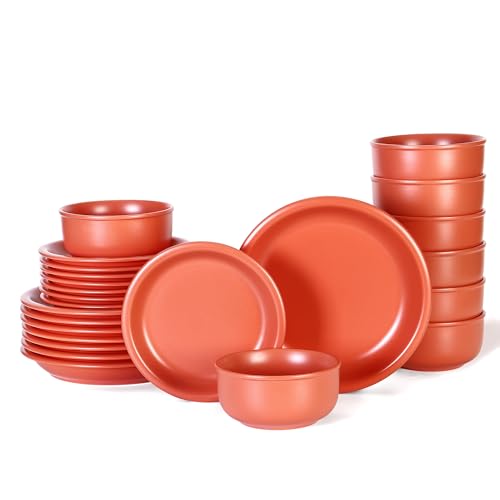 GZG Vintage Series Ceramic Dinnerware Set for 8, 24 Pieces, Terracotta Red | Stoneware Plates and Bowls Set, Lead-Free, Handcrafted Dishes Set, Microwave & Dishwasher Safe - color: Terracotta Blush, size: Service for 8(24pcs)