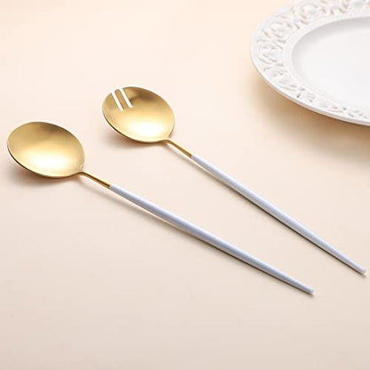 Salad Servers,Spoon and Fork Set 11.41 inch,18/10 Stainless Steel Salad Serving Titanium Plating (White gold) - color: White/Gold