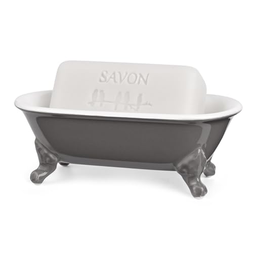 6.5" Ceramic Mini Decorative Clawfoot Bathtub Bar Soap Dish, Kitchen Sponge Holder and Shower Tray for Bathroom, 1 Pack(Stone Gray) - color: Stone Gray