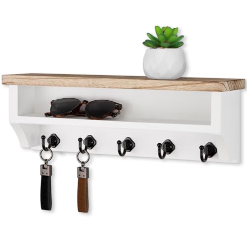 Nekon Key Holder Wall Mount, Wall Organizer Shelf with 5 Key Hooks | Wall Mounted Key Rack Room Decor for Home and Apartment Essentials - color: Light Brown & White