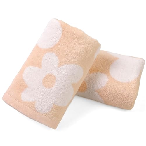 Floral Hand Towels for Bathroom - 2 Pack Cotton Face Towels , Pale Peach | 13" x 28", Soft Decorative with Cute Daisy Prints for Guest Room, Kitchen Decor - color: Pale Peach