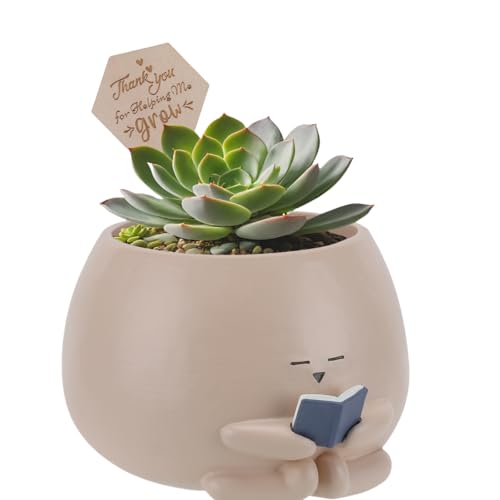 Bookworm Planter Pot - Cute Plant Pots for Succulents with Thank You Sign & Card, Resin Reading Planter for Indoor Outdoor Decor, Succulent Gifts for Book Lovers, Teacher Mom Dad Appreciation - size: Medium