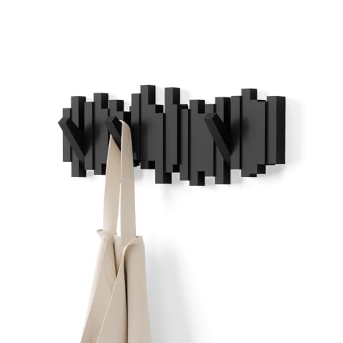 Umbra Sticks Wall Mount Coat Rack, 5 Hook Retractable Pegs, Black | Mounting hardware included, sculptural modern design, entryway or bedroom use, recycled plastic - color: Black, size: 5-Hook