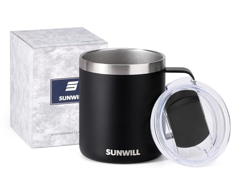 SUNWILL Travel Coffee Mug with Lid, Insulated Tumbler with Handle, 14oz Stainless Steel Cup for Camping, Outdoor, Powder Coated Black - color: Powder Coated Black
