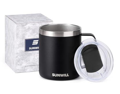 SUNWILL Travel Coffee Mug with Lid, Insulated Tumbler with Handle, 14oz Stainless Steel Cup for Camping, Outdoor, Powder Coated Black - color: Powder Coated Black