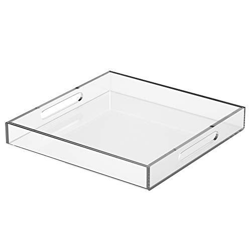 NIUBEE Clear Serving Tray 12x12 Inches -Spill Proof- Acrylic Decorative Tray Organiser for Ottoman Coffee Table Countertop with Handles | Spill-Proof tray for Coffee Table, Ottoman | Decorative Tray for Breakfast in Bed, Drink Serving & Home Organization