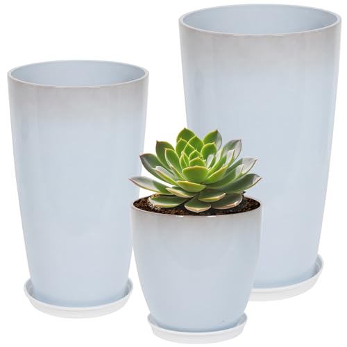 Neoaider Set of 3 Tall Planter, 24/21/12in Large Plastic Planter, WhiteJade | Ceramic-Look, Lightweight, Built-in Drain Hole, Saucers, Tall Outdoor Planter for Porch, Garden, Patio, Balcony - color: White Jade