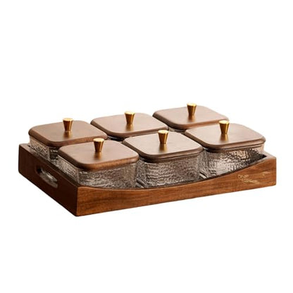 Divided Serving Tray with Lid, Made of Glass and Wood, Snack Bowl with Compartments for Fruit, Nuts, and Sweets. and Practical for Kitchen, of, 6 Compartments - size: 6 Compartments