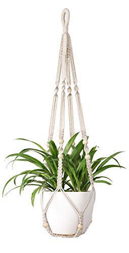 Mkono Macrame Plant Hanger Indoor 35 Inch Hanging Planter Basket Ivory 1Pc | Hanging Plant Holder with Decorative Wood Beads, No Tassels, Boho Home Decor, Indoor & Outdoor Use, Flower Pots Not Included - color: Ivory