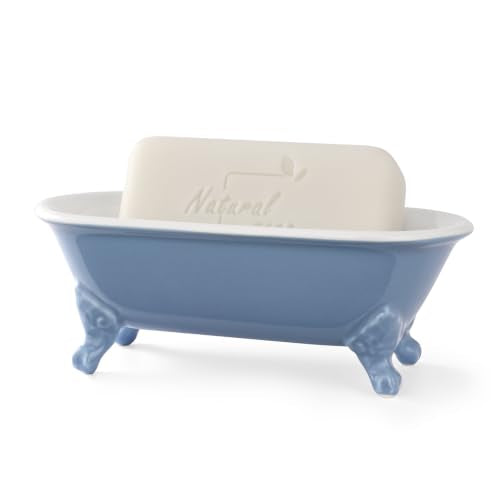 6.5" Ceramic Mini Clawfoot Bathtub Soap Dish, Blue | Decorative, Kitchen Sponge Holder, Shower Tray, 1 Pack - color: Blue