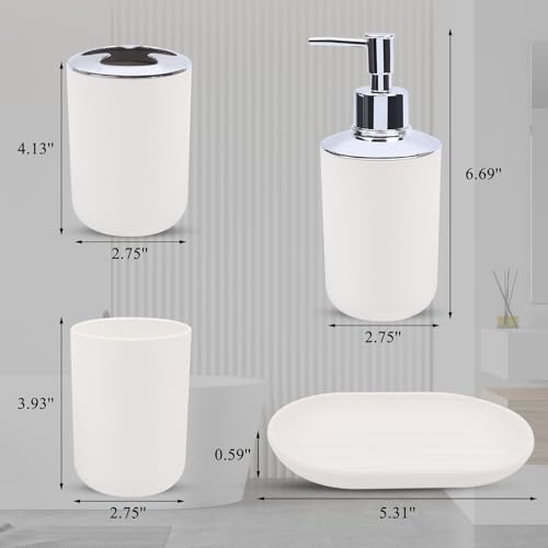 LGURT 4-Pc White Bath Accessories Set — Dispenser, Holder, Cup & Dish | Matte Plastic, Bathroom Vanity, Counter Organizer, Soap Dish & Rinse Cup, Gift - color: White