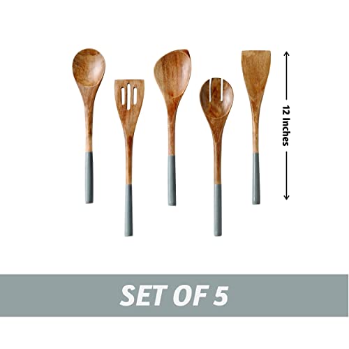 Folkulture Premium Wooden Spoons for Cooking,Kitchen Utensils Set of 5(12") | Premium Acacia Wooden Utensil, Smooth Finish, Non Stick Wooden Cooking Utensils, Kitchen Essentials, Cooking Gifts - color: Gray