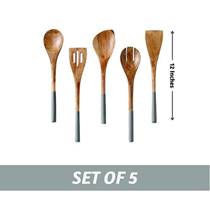 Folkulture Premium Wooden Spoons for Cooking,Kitchen Utensils Set of 5(12") | Premium Acacia Wooden Utensil, Smooth Finish, Non Stick Wooden Cooking Utensils, Kitchen Essentials, Cooking Gifts - color: Gray
