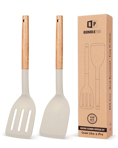 Pack of 2 Silicone Cooking Spatula, Heat Resistant Solid Turner, Non Stick Slotted Spatulas with Wooden Short Handle,Ideal Wood Kitchen Utensils Set for Frying, Baking, Flipping, Turning - color: Khaki
