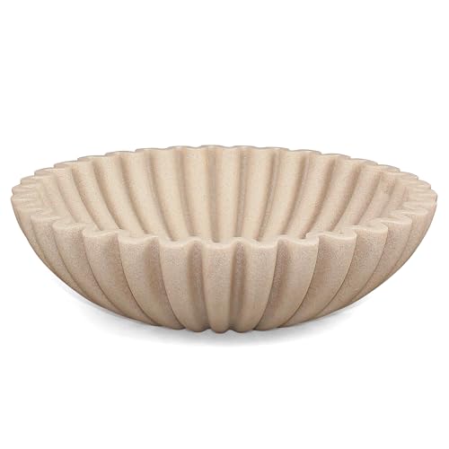 LIN CHUAN Ruffle Decorative Bowl, Large Fruit Bowl, Artificial Stone Beige | Sculptural ruffle design enhances kitchen counters, entryways, and tables. Durable resin finish for fruit, keys, and decor - color: Beige