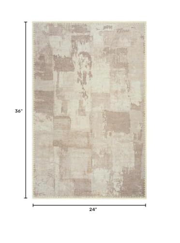 GLN Rugs Bohemian - Troy - Machine Washable Area Rug, Boho Washable, Non Slip, Low Pile Chenille Area Rug, Entryway, Hallway, Kitchen Rug - Easy Clean (2' x 3' Abstract Tan) - color: Abstract Tan, size: 2' x 3' (Rectangular)