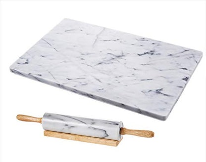 JEmarble Pastry Board 16x20 inch Set with Rolling Pin/Wooden Handles 18 inch(White) Non-Slip Rubber Feets for Stability Perfect for Keep the Dough Cool and Chocolate Tempering(Premium Quality) - size: 20"L x 16"W (Set with Rolling Pin)