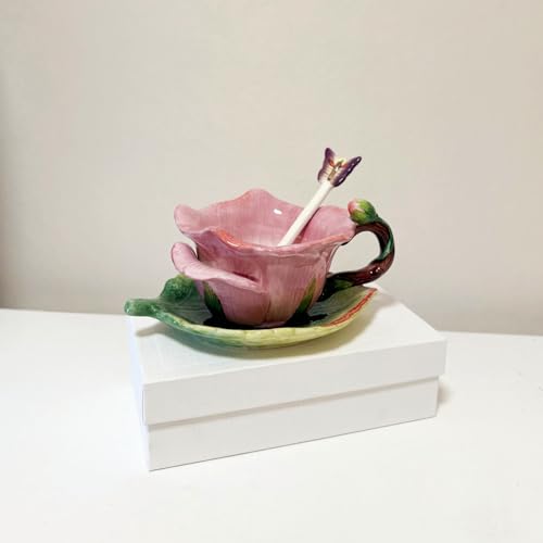 Ceramic Tea Cup and Saucer Set ，6OZ 3D Hand-Painted Flower and Lotus Leaf Coffee Mug，Gift for Women- Dark Pink Rose - color: Dark Pink Rose