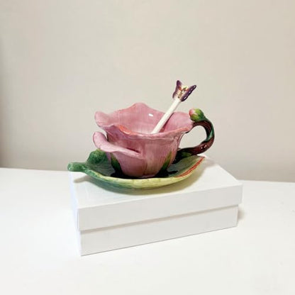 Ceramic Tea Cup and Saucer Set ，6OZ 3D Hand-Painted Flower and Lotus Leaf Coffee Mug，Gift for Women- Dark Pink Rose - color: Dark Pink Rose