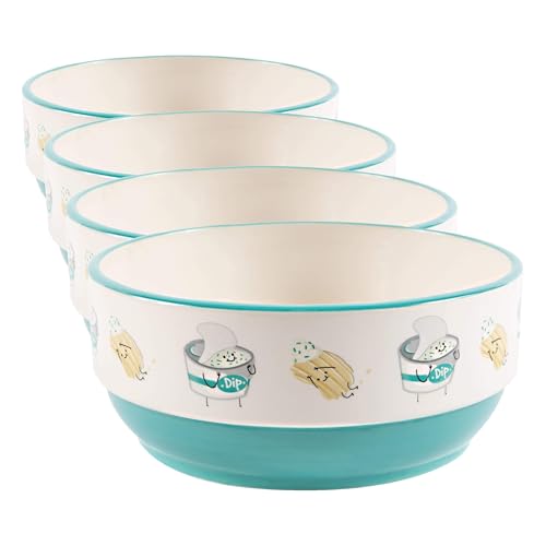 Pavilion Gift Company Pavilion-Chips & Dip-Patterned 6.25 Inch Teal Ceramic Snack Bowl, Blue (Pack of 4) - size: 6.25 Inch (Pack of 4)