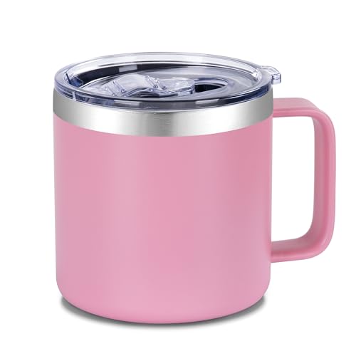 VEGOND 14 oz Insulated Coffee Mug with Handle, Stainless Steel Travel Coffee Mug with Lid, Double Wall Vacuum Metal Coffee Cup, Coffee Tumbler Powder Coated, Pink 1 Pack - color: Pink, size: 14 Ounces