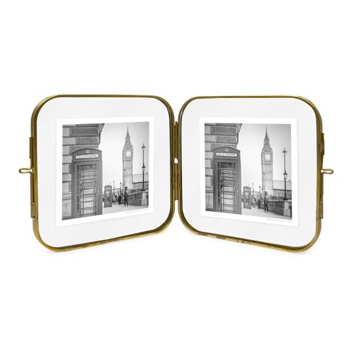 Isaac Jacobs 4x4 Gold Double-Sided Metal Floating Photo Frame w/ClaspLock | Double-Sided Round-Edged Brass & Glass Metal Floating Picture Frame Locket Closure, Tabletop (4x4, Antique Gold) - color: Antique Gold, size: 4x4