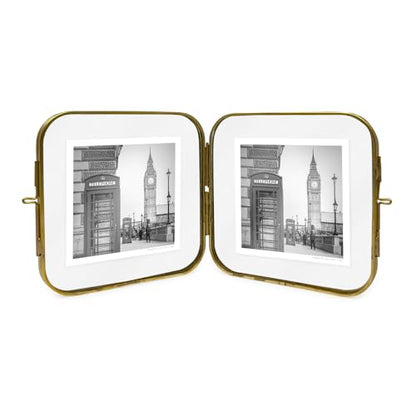 Isaac Jacobs 4x4 Gold Double-Sided Metal Floating Photo Frame w/ClaspLock | Double-Sided Round-Edged Brass & Glass Metal Floating Picture Frame Locket Closure, Tabletop (4x4, Antique Gold) - color: Antique Gold, size: 4x4
